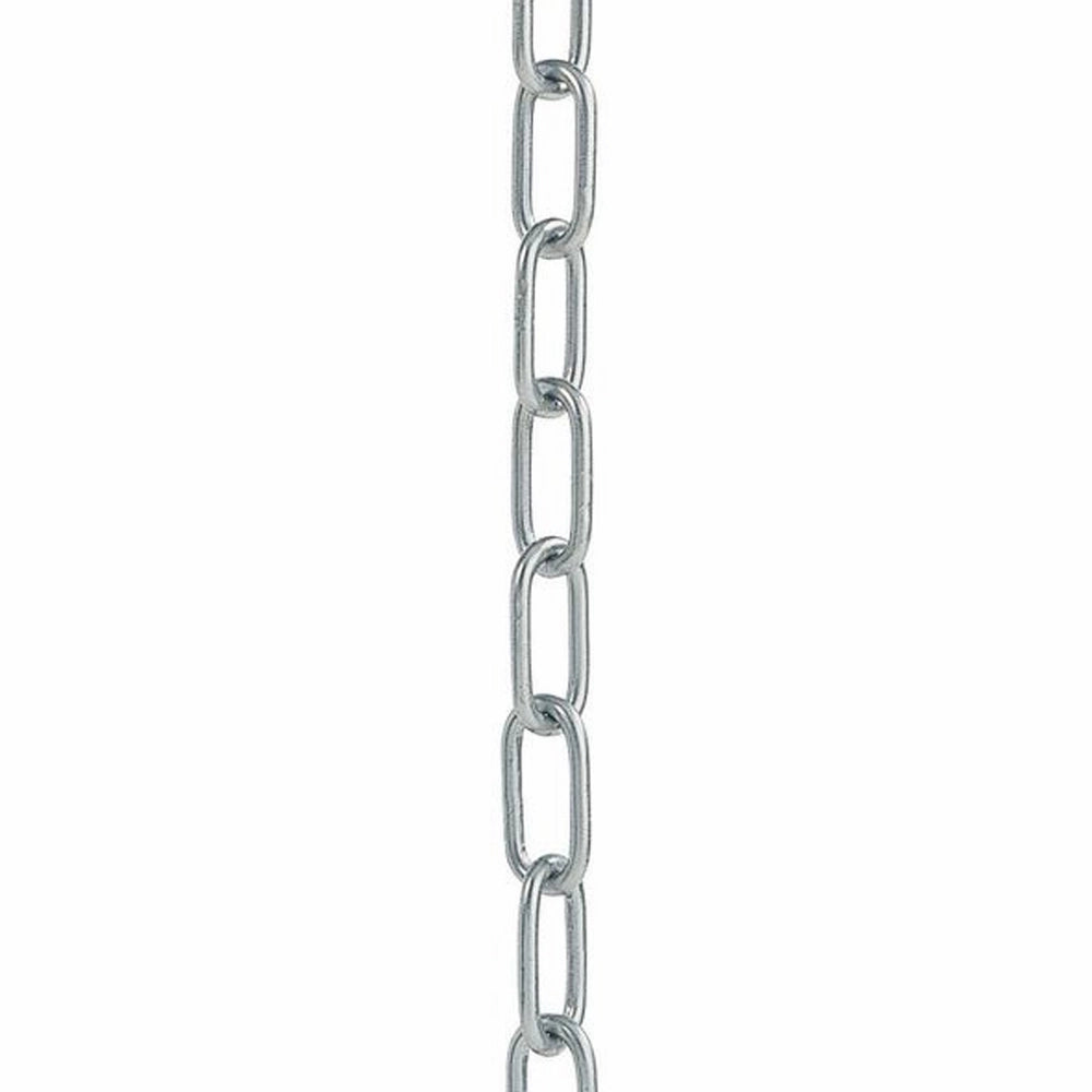 Kæde med ovale, galvaniserede led i lodret række.