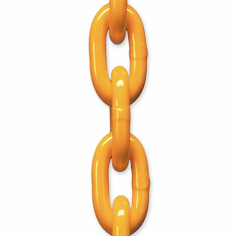 Gul kæde med ovale led, malet i klar gul farve, bestående af sammenkoblede led.