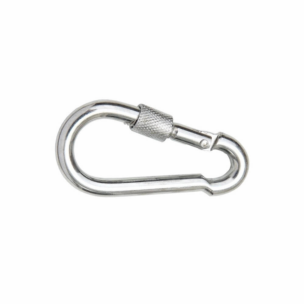 Karabinhage i rustfrit stål med skruelukning og blank overflade, oval form.