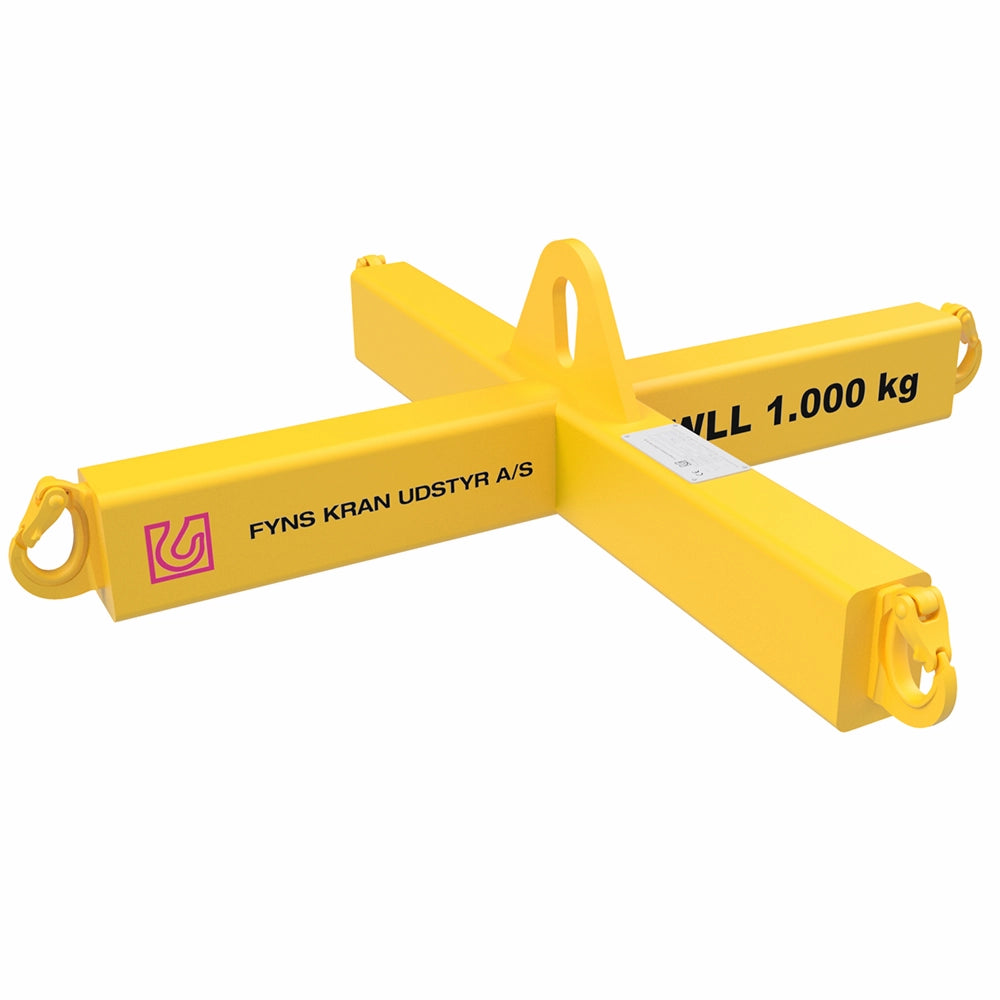 Gul løfteramme med teksten "WLL 1.000 kg" og "FYNS KRAN UDSTYR A/S".