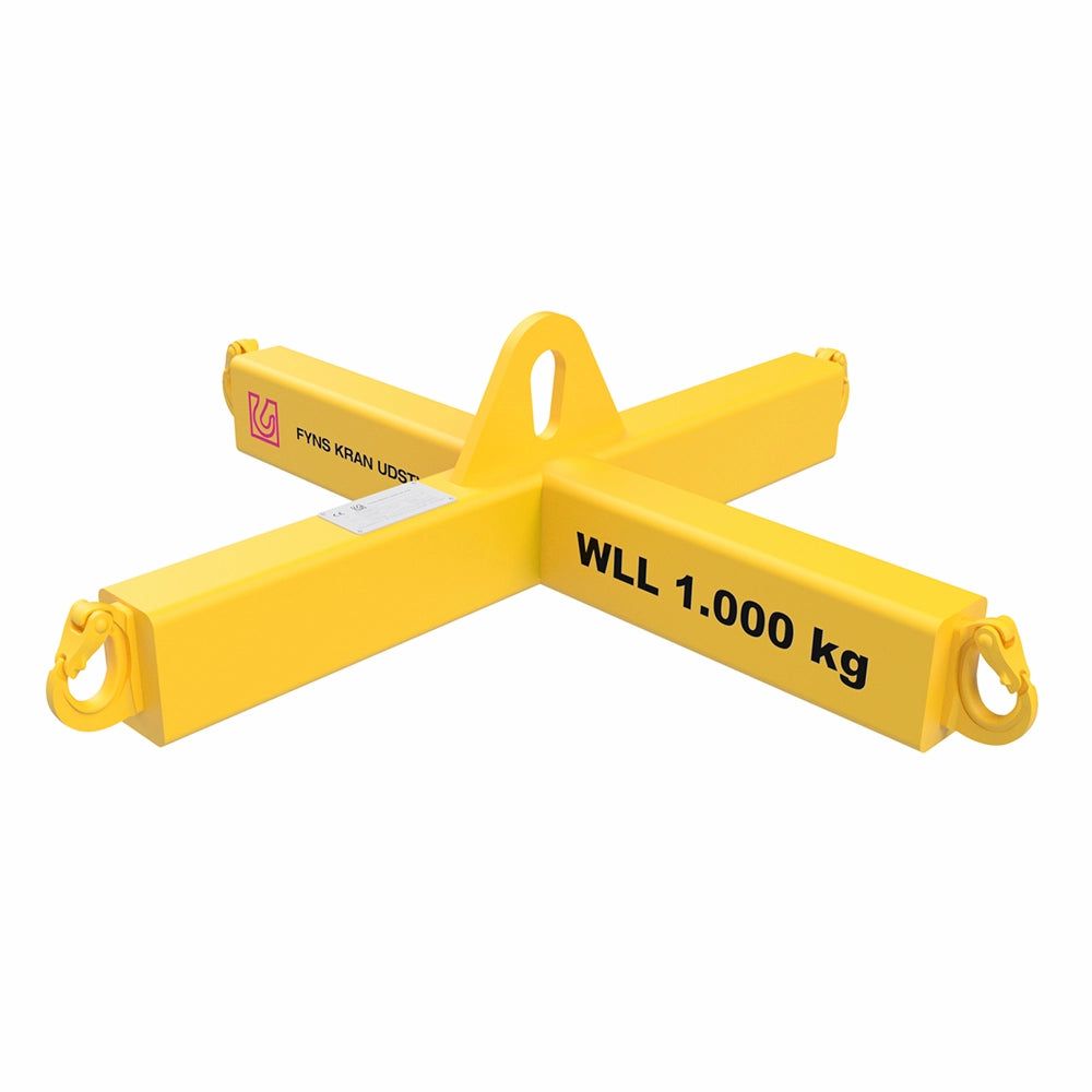 Gul løfteramme med kroge og teksten "WLL 1.000 kg", angiver arbejdslastgrænse.
