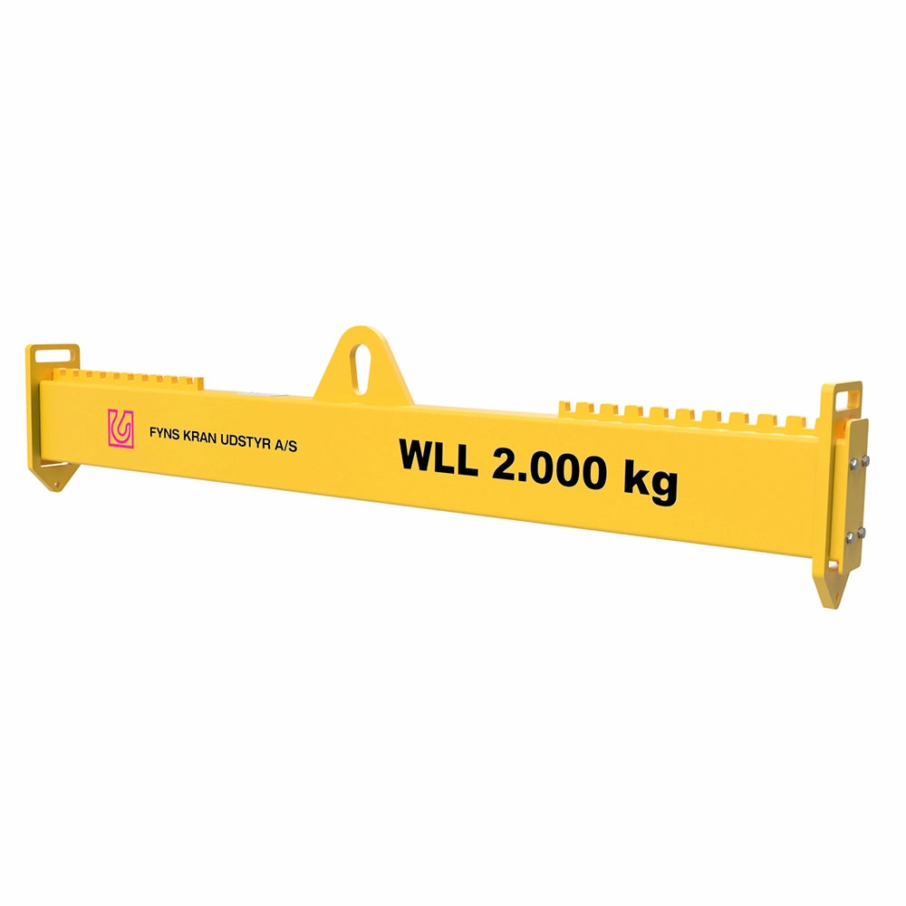 Gult løfteåg med centralt øje, tekst "WLL 2.000 kg", og logo fra FYNS KRAN UDSTYR A/S.