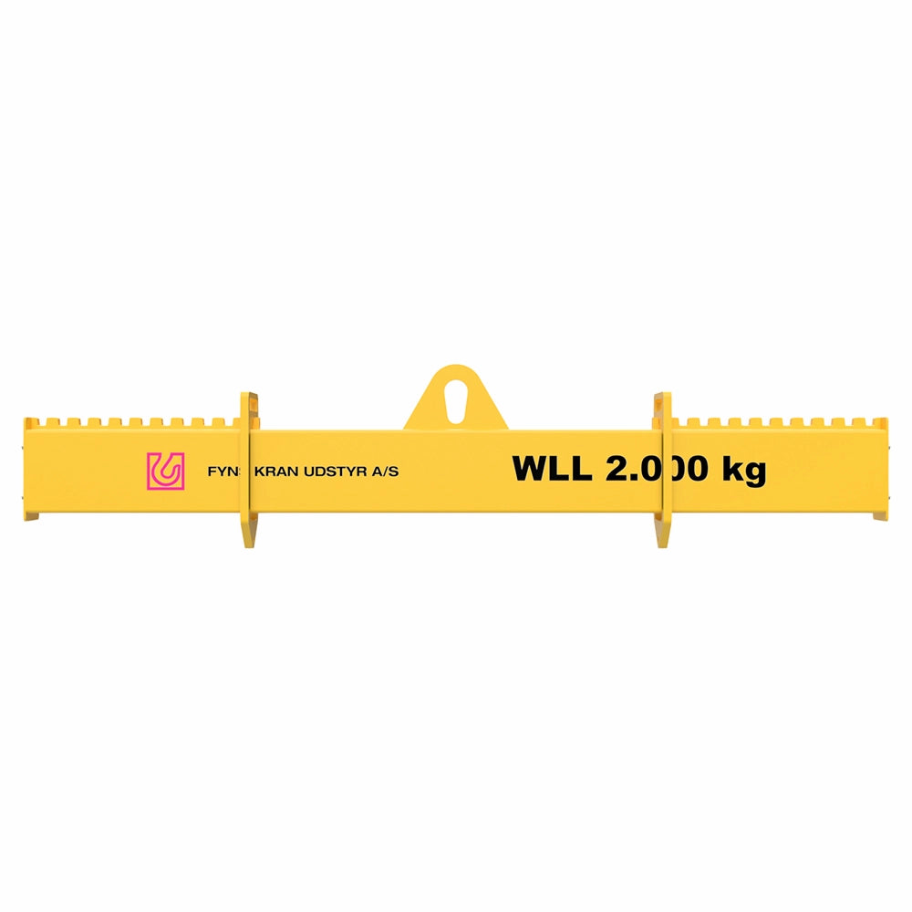 Gult løfteåg med centralt løfteøje, tekst "WLL 2.000 kg" og "FYN KRAN UDSTYR A/S".