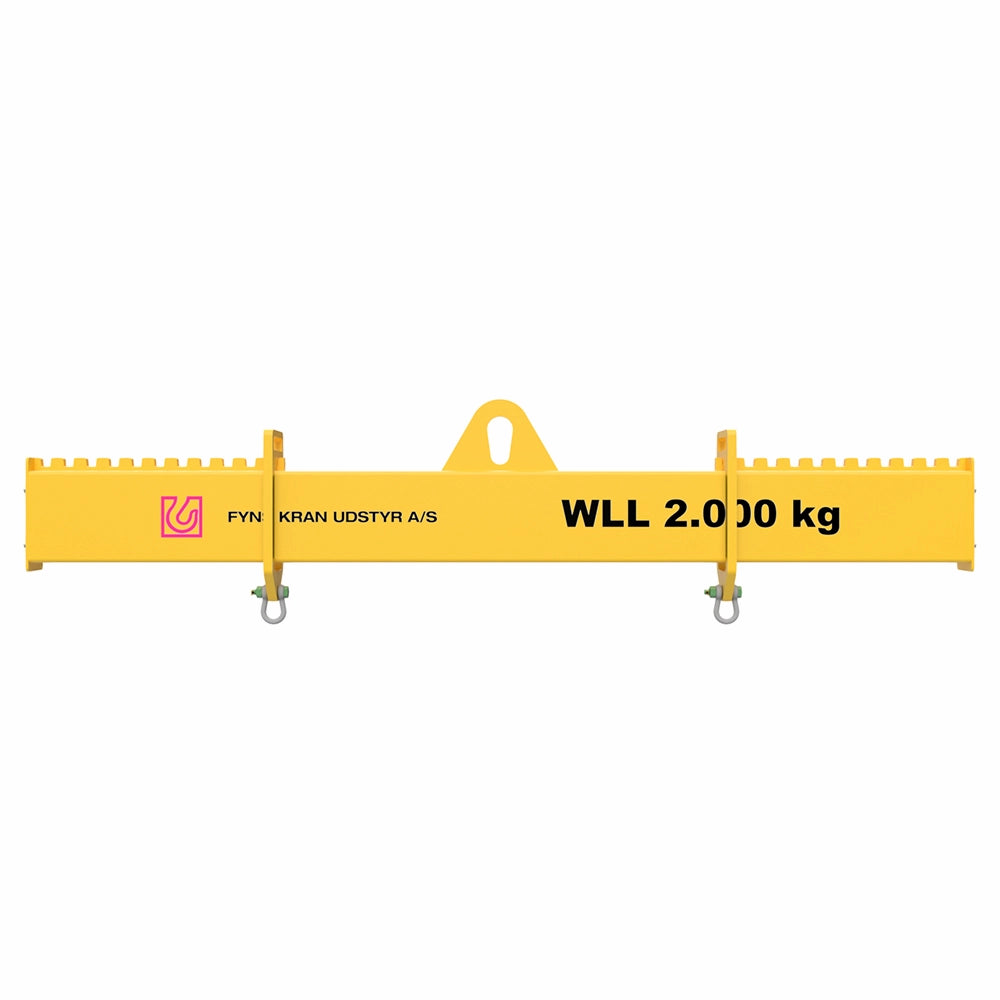 Gult løfteåg med tekst "WLL 2.000 kg" og "Fyns Kran Udstyr A/S". Central løfteøje.