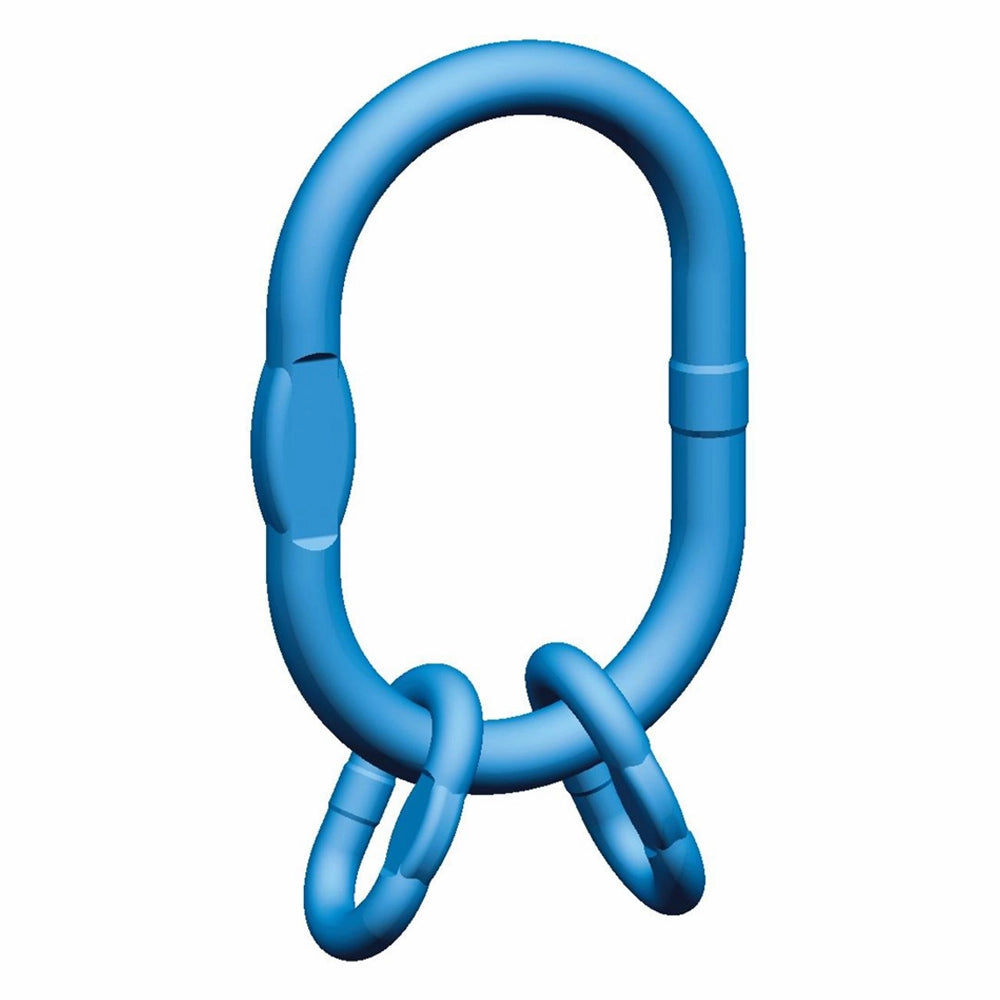 Blå metalringkonstruktion med stor oval ring og to mindre ringe fastgjort til den.