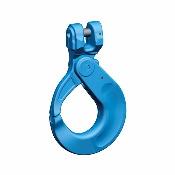 Blå sikkerhedskrog med clevis-tilslutning, sikkerhedslås og robust konstruktion.