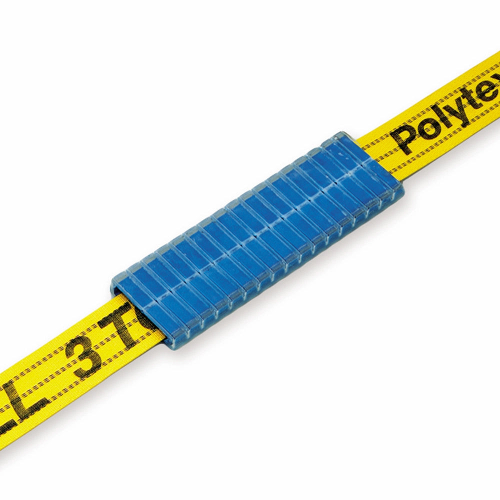 Blåt ribbet beskyttelsesdæksel over gult løftebånd med teksten "Polytex".