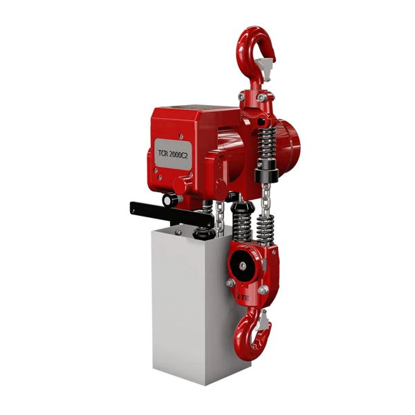 Rød lufttalje TCR-2000/2 med to store kroge og flere synlige komponenter.
