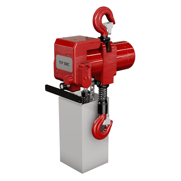 Rød lufttalje TCR 500C med to kroge og cylindrisk motor. Kompakt design.