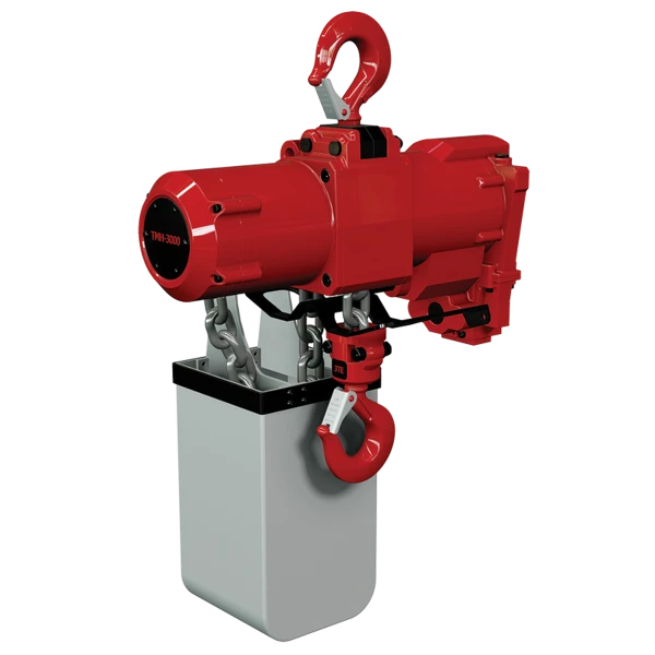 Rødt industrielt løfteudstyr, Red Rooster TMH-3000, med kroge og kæde til grå beholder.