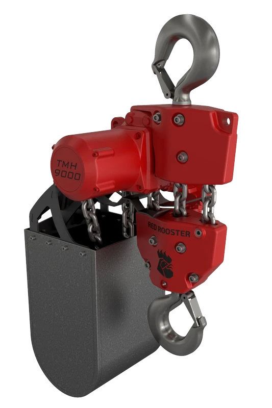 Rød Red Rooster TMH-9000 lufttalje med metalhager og synlig kæde. Modelnummer synligt.