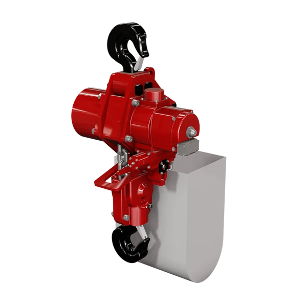 Rød lufttalje med synlige bolte, øvre og nedre krog samt grå komponent ved siden.