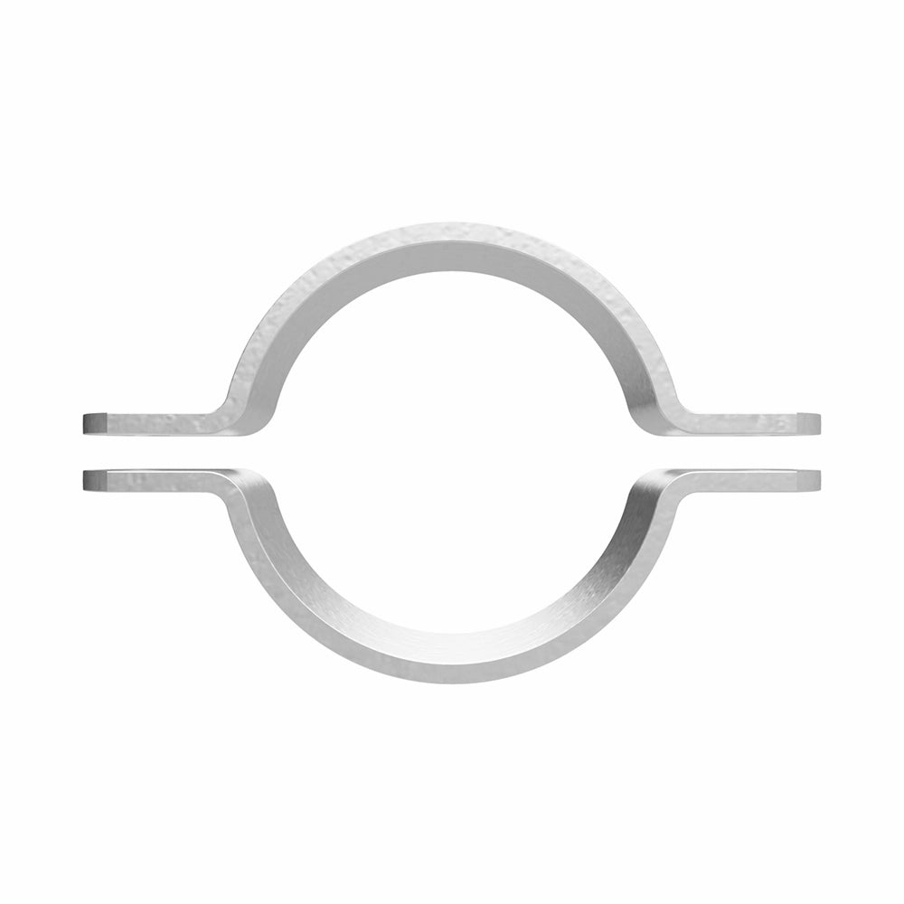 Metalbøjle med cirkulær åbning og flade forlængelser med huller til montering.