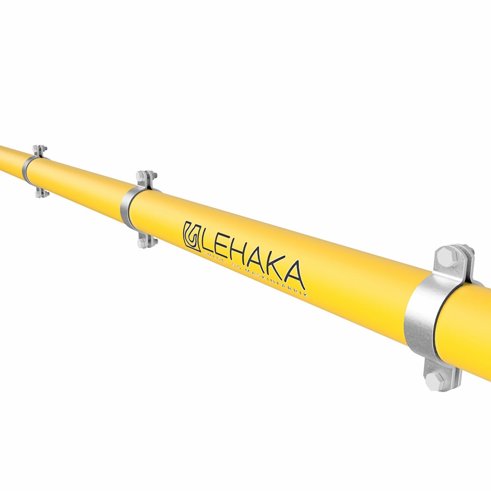 Gul rør med metalbøjler, der har cirkulær åbning og flade forlængelser til montering.