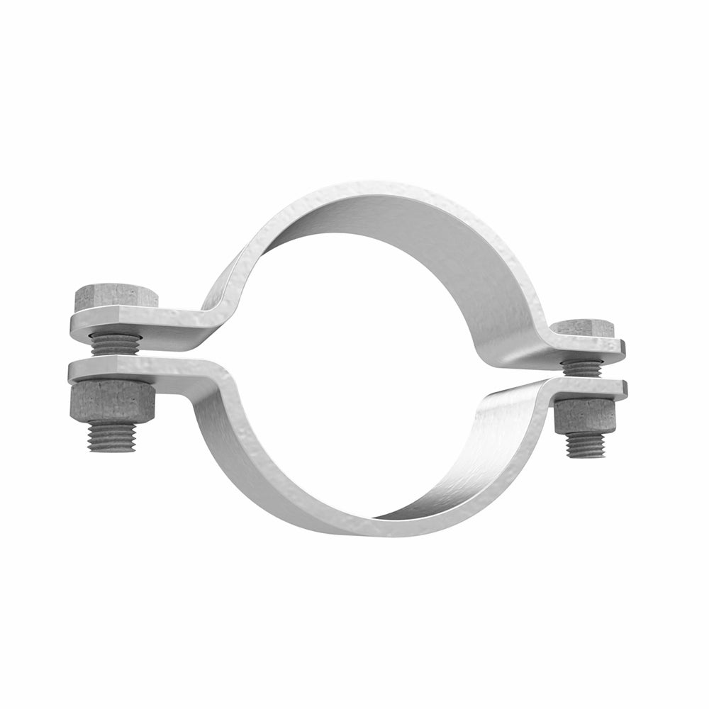 Metalspændebånd med to halv-cirkulære dele og bolteforbindelse. Glat overflade, 59mm diameter.