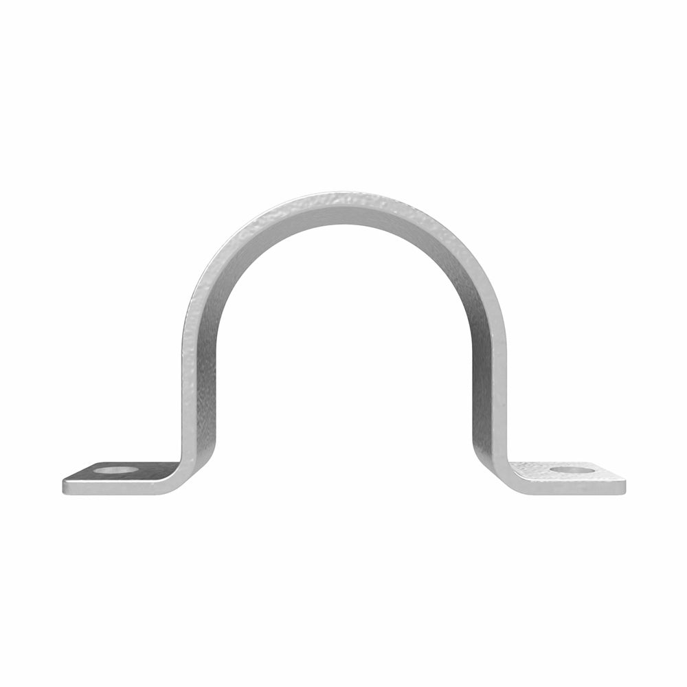 Metalbøjle i U-form med flade ender og monteringshuller, designet til at holde runde genstande.