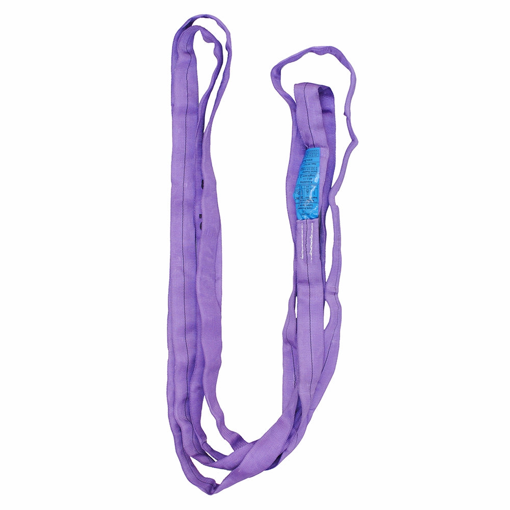 Violet rundslynge med en blå etiket, lang og rund form.