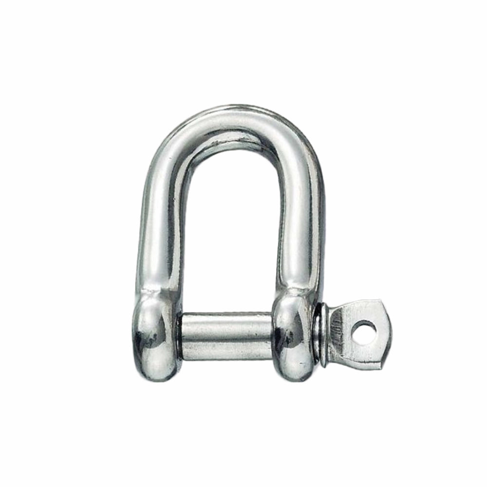 Rustfri metal-D-sjækel med U-form, gevindbolt og øjebolt. Glat og reflekterende overflade.