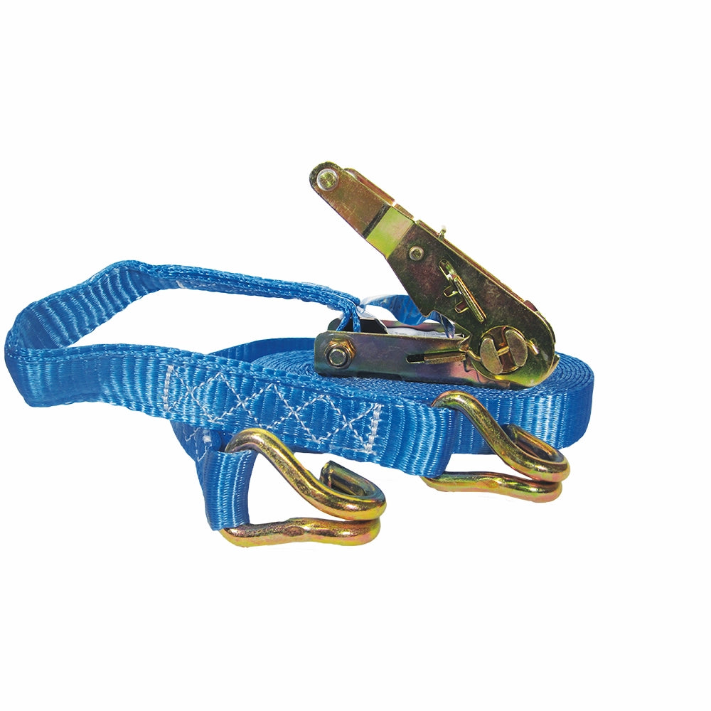 Blå surringsrem med metal skraldebeslag og kroge, synlige syninger for styrke, 1,5T kapacitet.