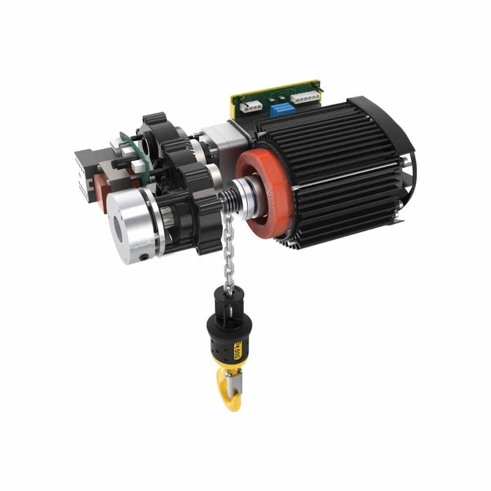 Elektrisk talje med synlige motor- og gearkomponenter, gul krog og kæde fra SWF Krantechnik.