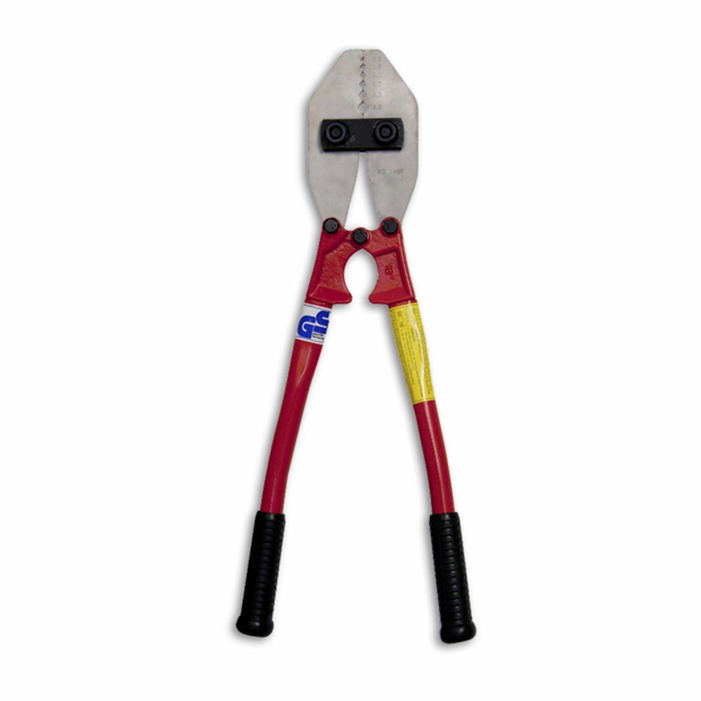 Crimpetang med røde håndtag, sorte greb, kæbemekanisme og kalibreringsmærker på hovedet.