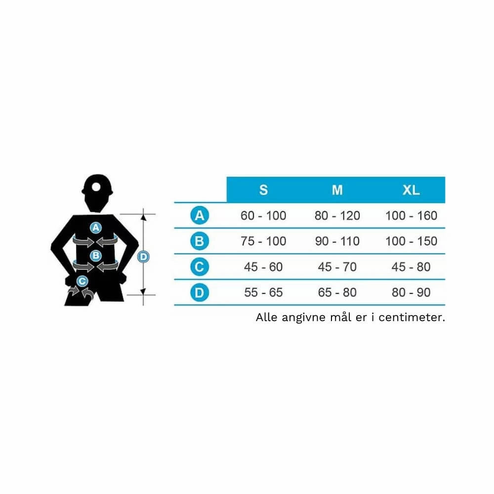 Størrelsesguide for sele med målepunkter A-D og størrelser S, M, XL; alle mål i cm.