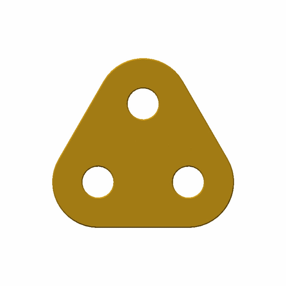 Trekantet metalplade med tre huller, gulbrun maling, arbejdsbelastning 17 tons.