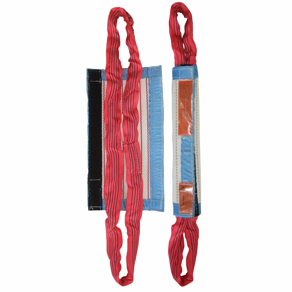 To kantbeskyttere med røde løkker, sorte og blå Velcro-strips, og stoflag i blå og hvid.