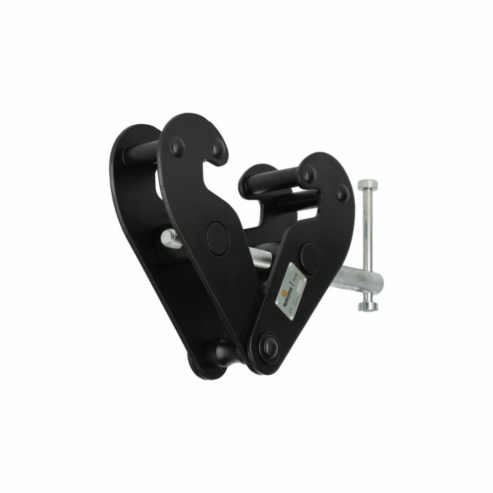 Metalbjælkeklo med gevindstang til justering og etiket på siden.