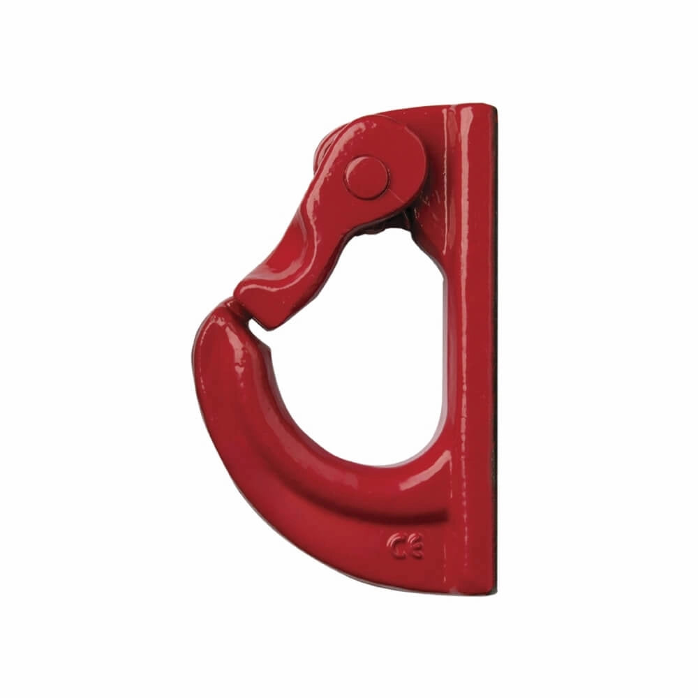 Rød metal krog med CE-mærkning nederst, robust design til gravemaskiner.