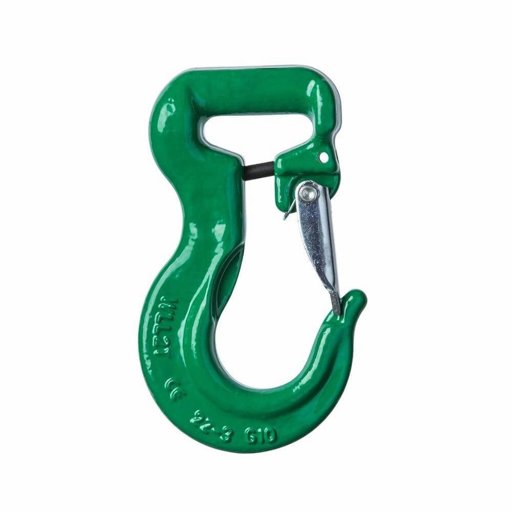 Grøn rundslingkrog med metalspærre, WLL 2000 kg, til løfteformål.