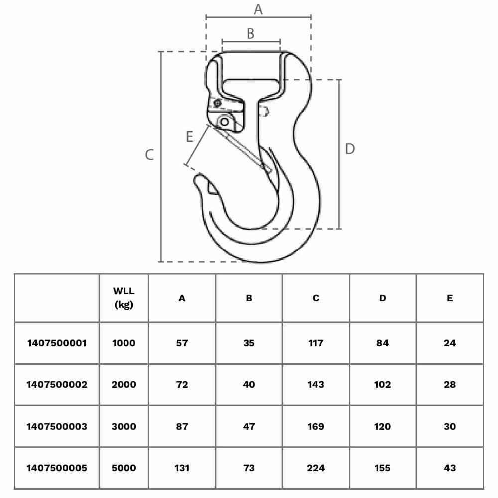 Diagram af krog med sikkerhedslås og tabel over belastningsgrænser op til 1000 kg.
