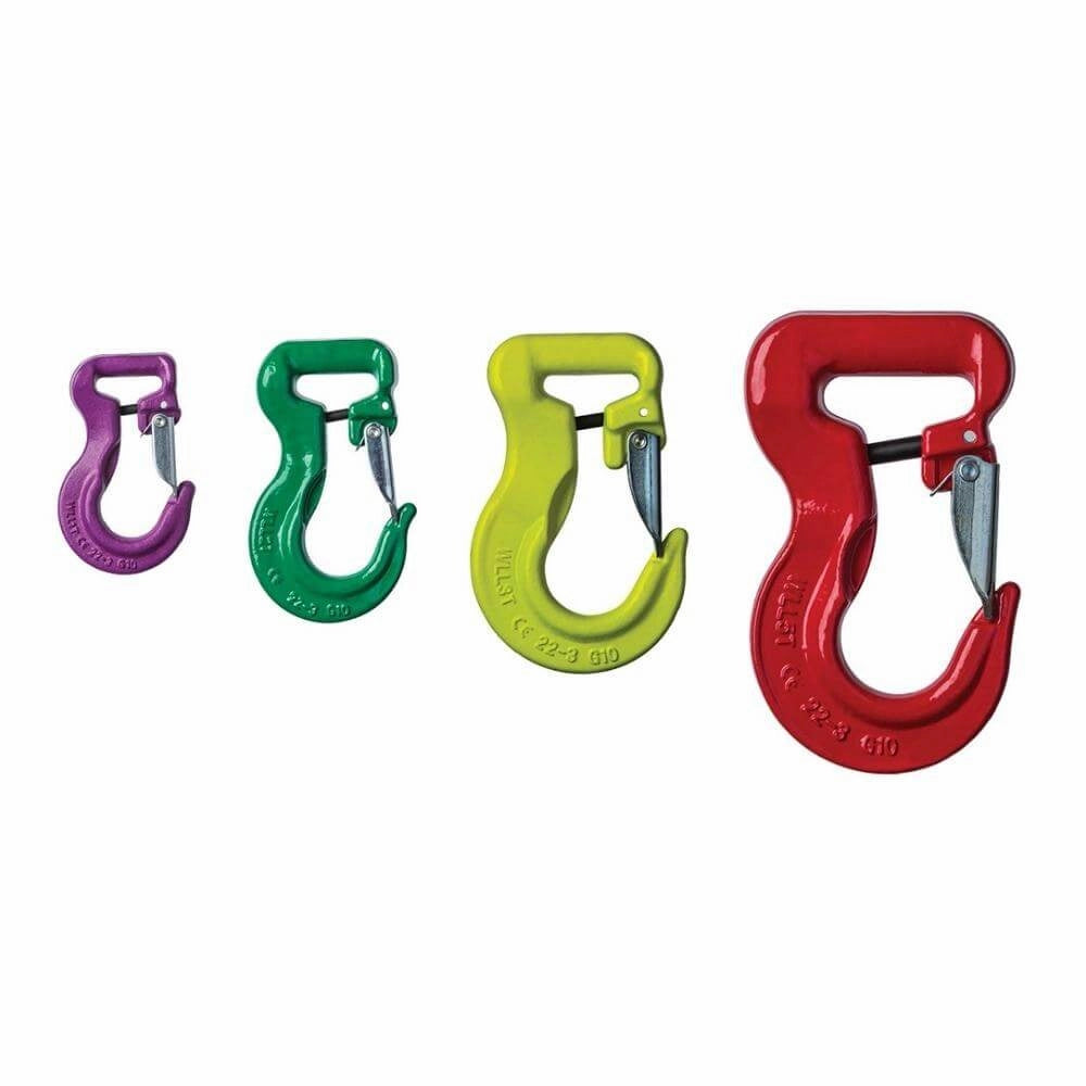 Fire kroge i lilla, grøn, gul og rød. Den grønne krog er designet til at løfte 2000 kg.