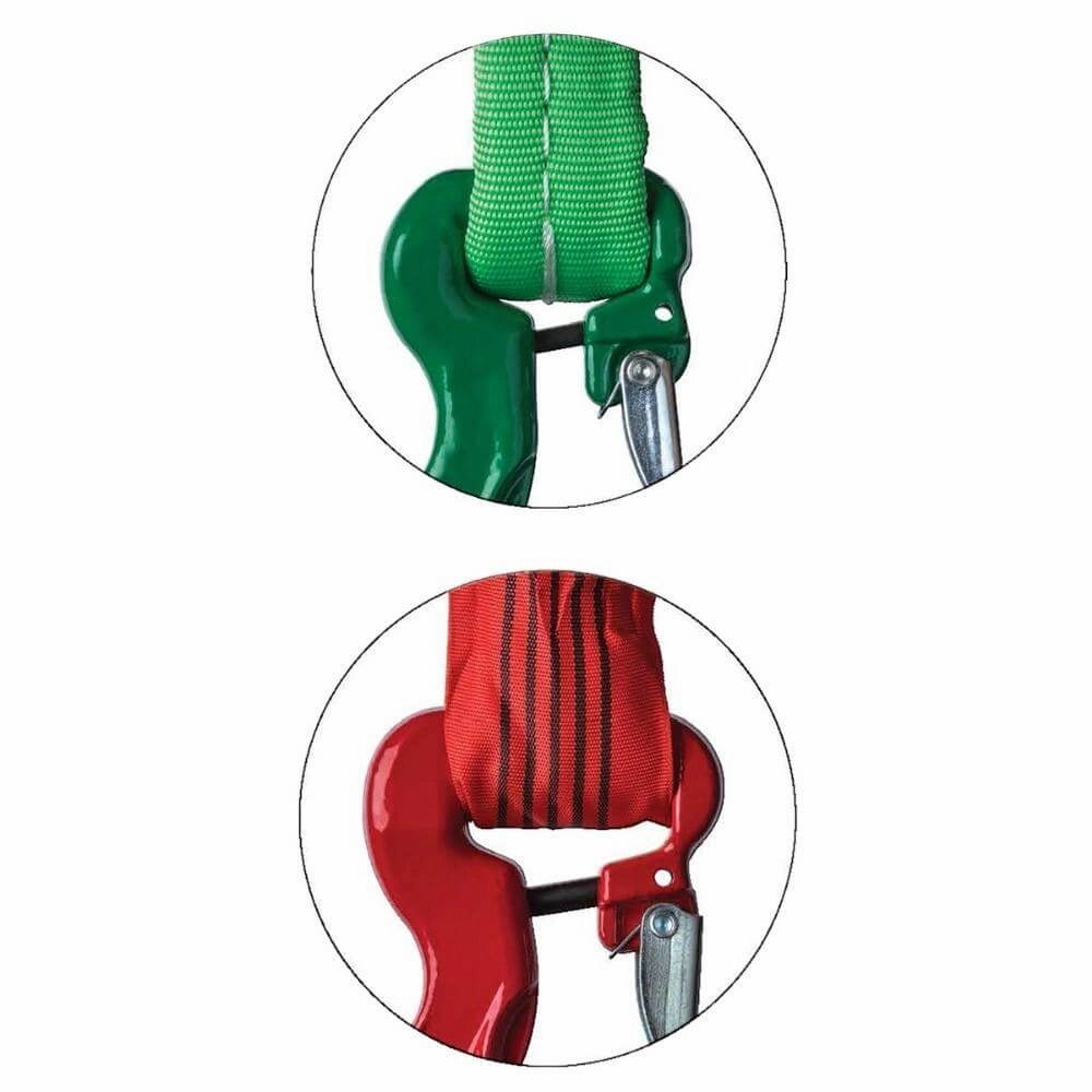 Grøn rundslingkrog med grøn slynge og metalspærre. Rød krog med rød slynge nedenunder.