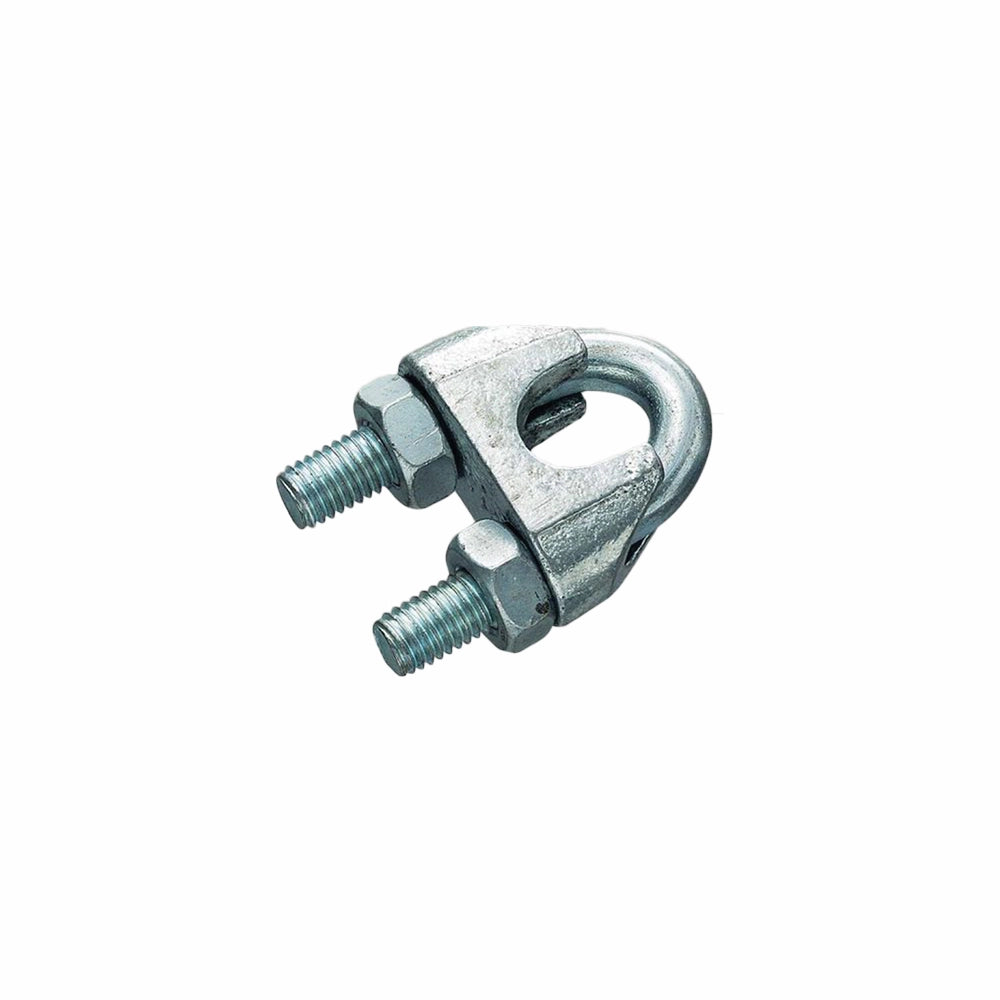 Galvaniseret wirelås med U-form, to gevindbolte og møtrikker til fastspænding af kabler.
