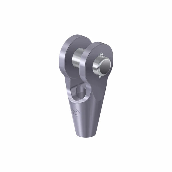 Symmetrisk metalstykke med central pin og åben design, markering synlig på siden.