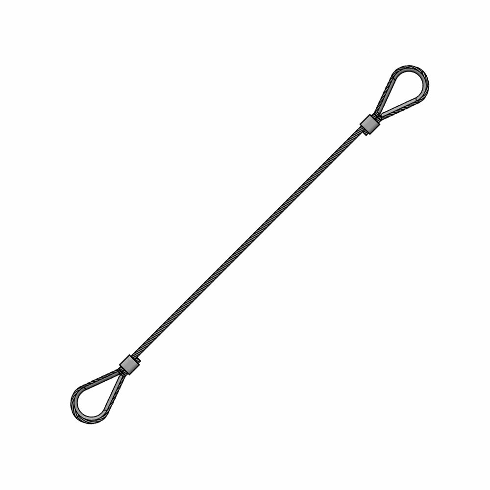 Wirestrop med metalhylser og løkker i begge ender, vist diagonalt.