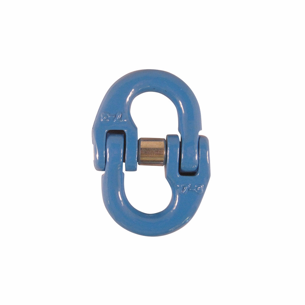 Blå, oval connector med central pin og overflademarkeringer, bruges til samling.